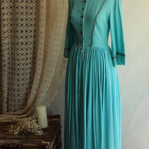 Vintage 1950s 1960s Victorian Day Dress Costume, Robins Egg Blue Antique Style - Picture 7 of 10